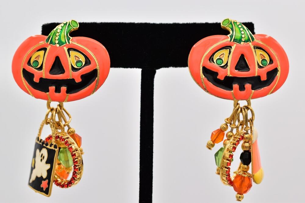 Lunch at The Ritz Halloween Pumpkin Ghost Candy Corn Charm Earrings Signed Bin1